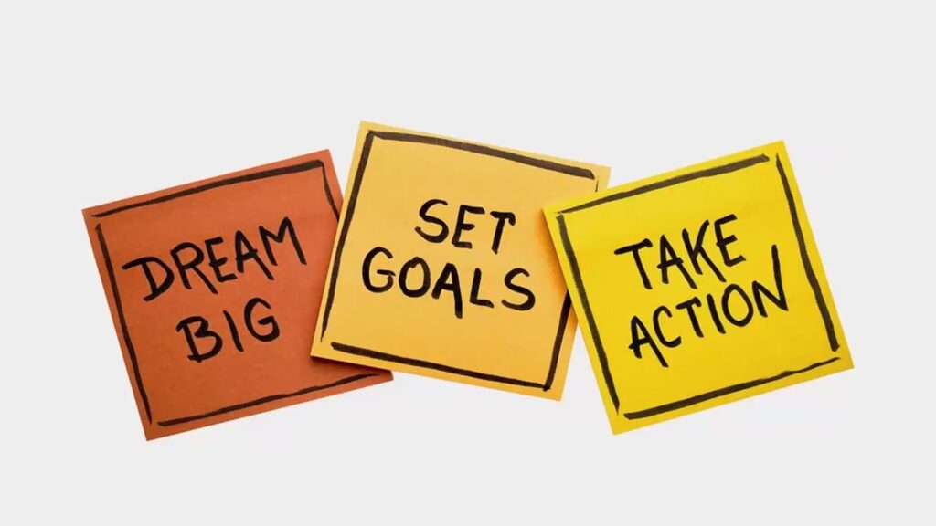 Post it notes showing "Dream Big", "Set Goals" & "Take Action"