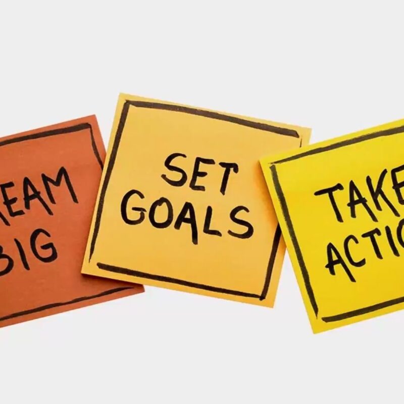 Post it notes showing "Dream Big", "Set Goals" & "Take Action"